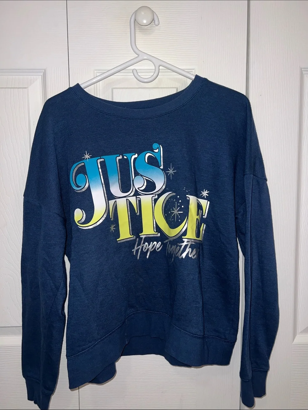 Justice Navy Blue Graphic Sweatshirt with Multi-Color Logo